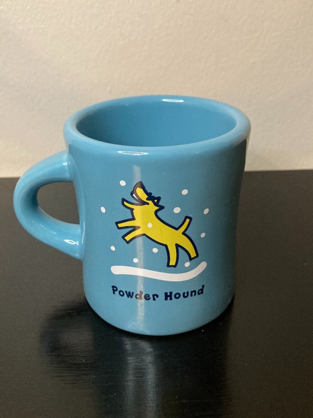Life Is Good Blue Ceramic "Powder Hound" Yellow Dog Diner-Style Coffee Mug
